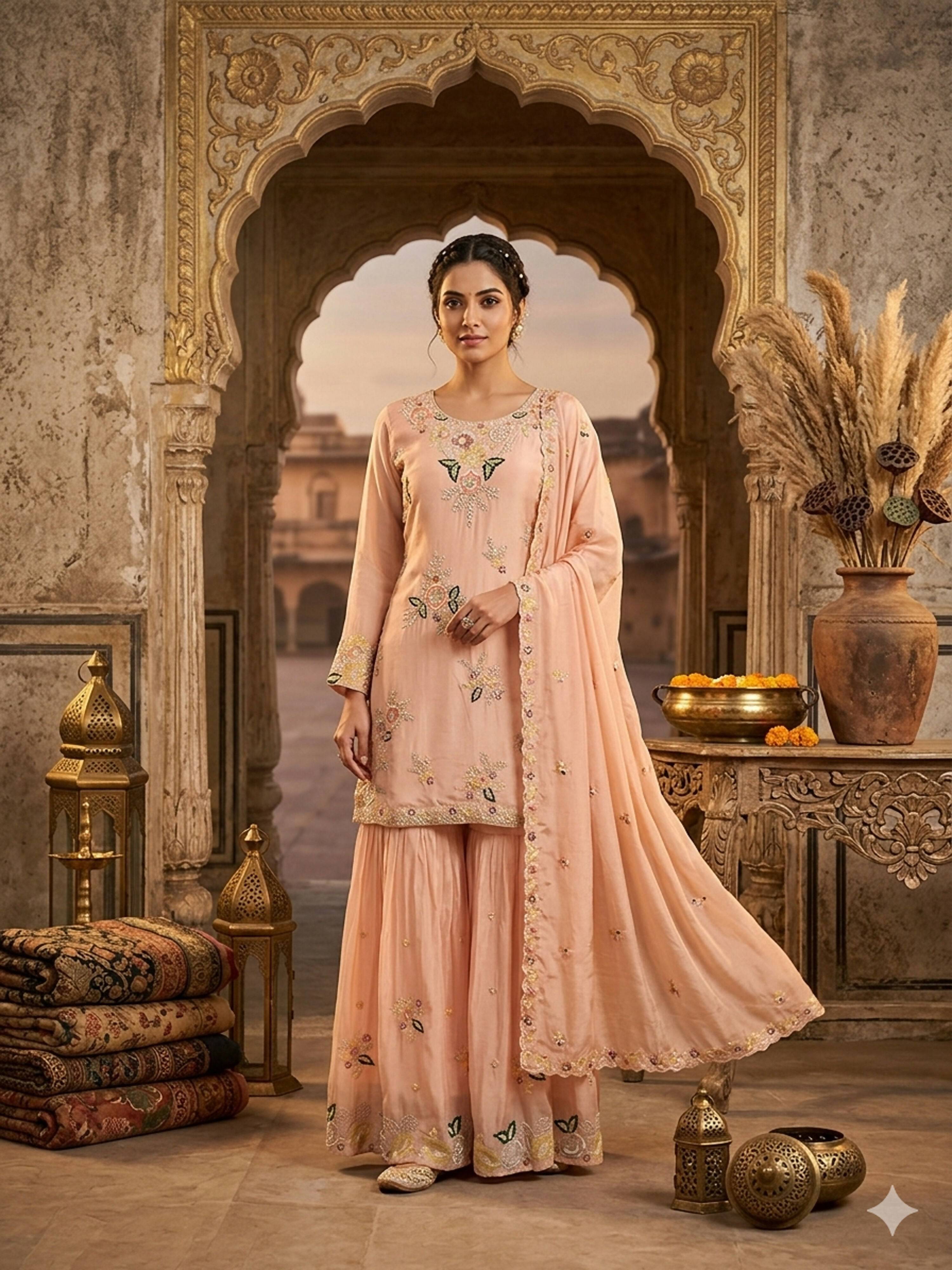 Stylish Designer Stitched Pink Pure Viscose Crepe Embroidery Hand Work Sharara Suit - Anbazaar
