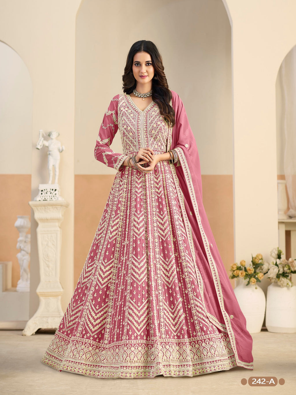 Anaita Pink Heavy Embroidered Faux Georgette Anarkali Suit With Salwar