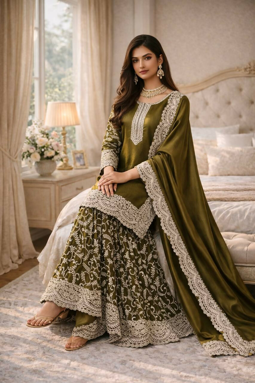 Teeya Creation Mehendi Fendy Satin Heavy Embrodiery Work Wedding Wear Salwar Suit