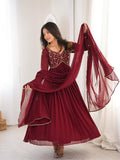 Yash Enterprise Maroon Faux Georgette Party Wear Embroidery Suit Set