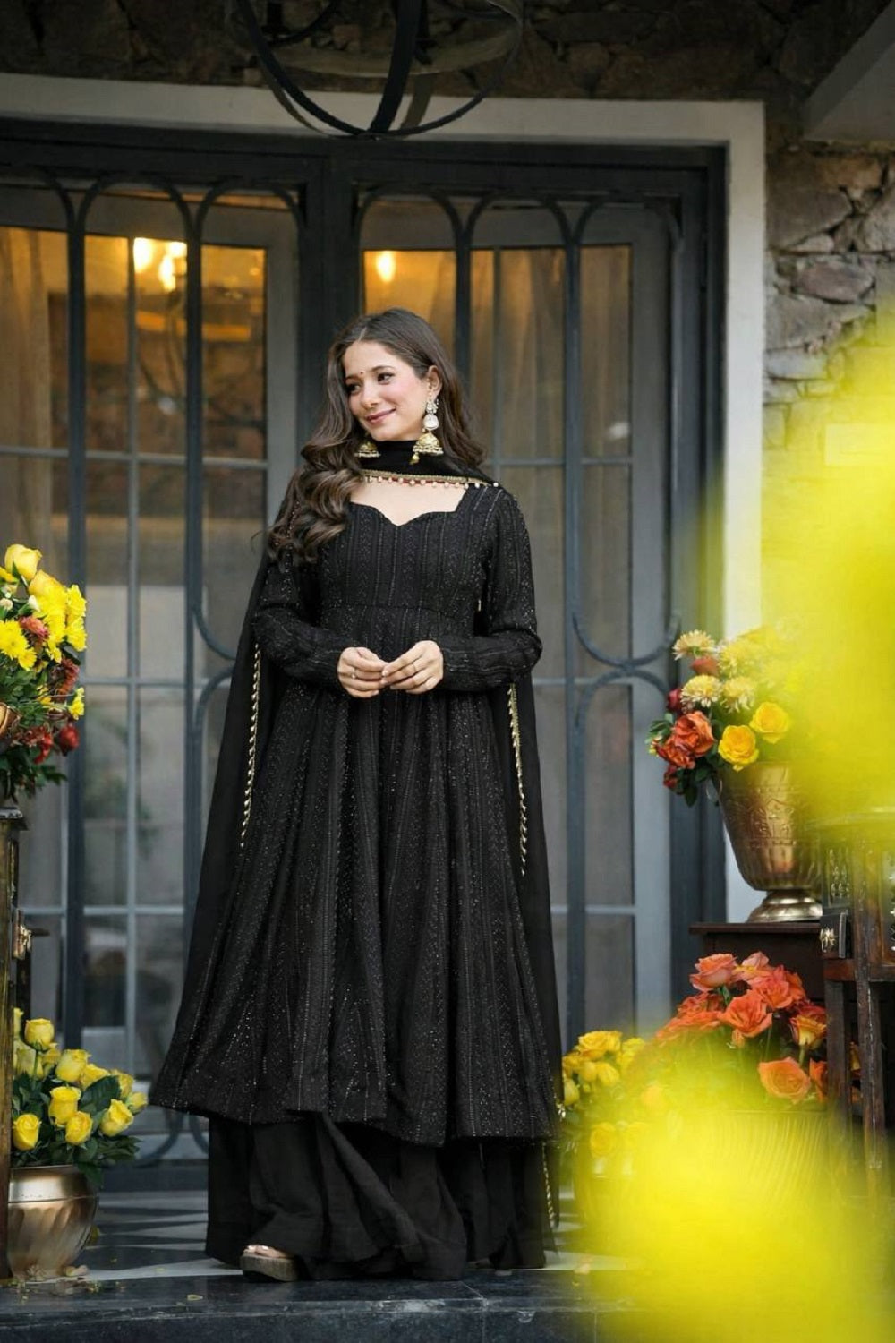 Yash Enterprise Black Faux Blooming Party Wear Embroidered Suit Set