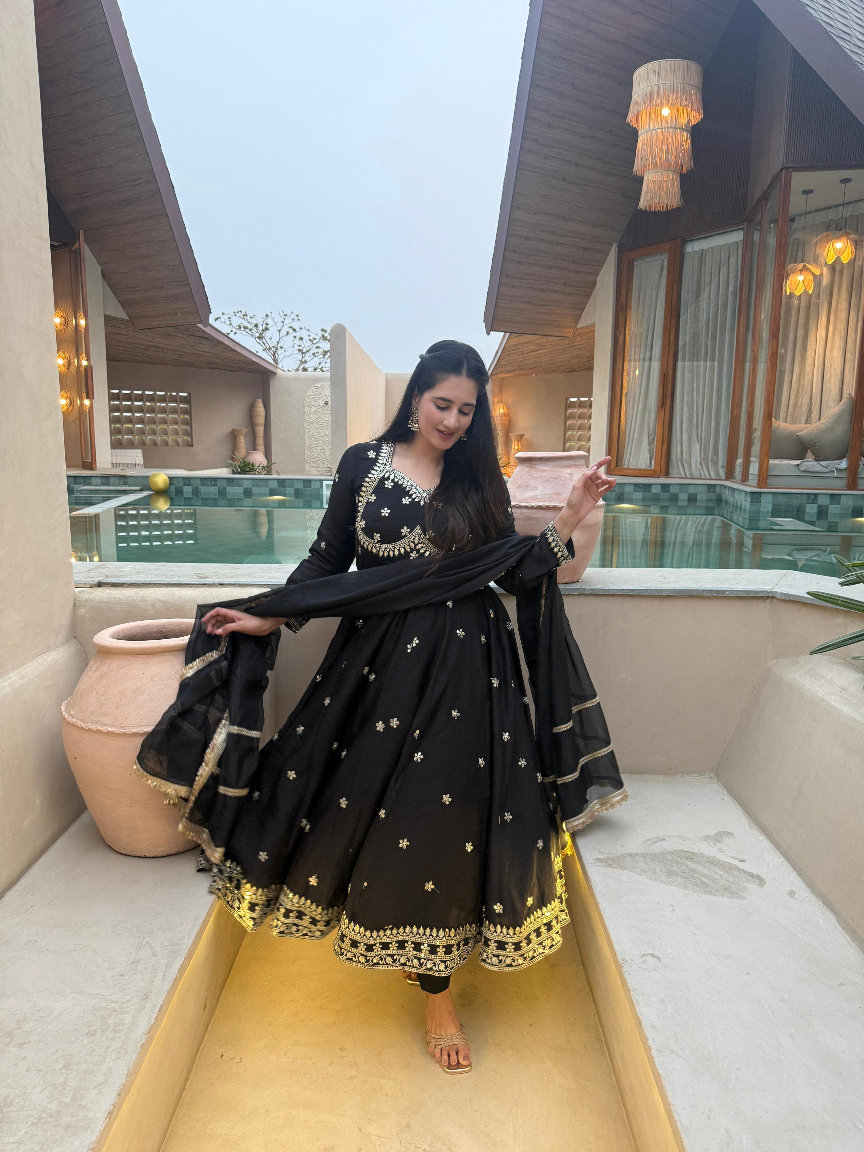 Yash Enterprise Black Vichitra Silk Party Wear Embroidery Suit Set