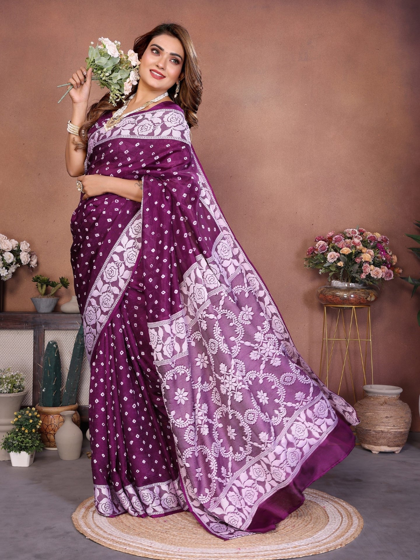 Anaita Purple Handmade Bandhej Viscose Silk Saree With Blouse