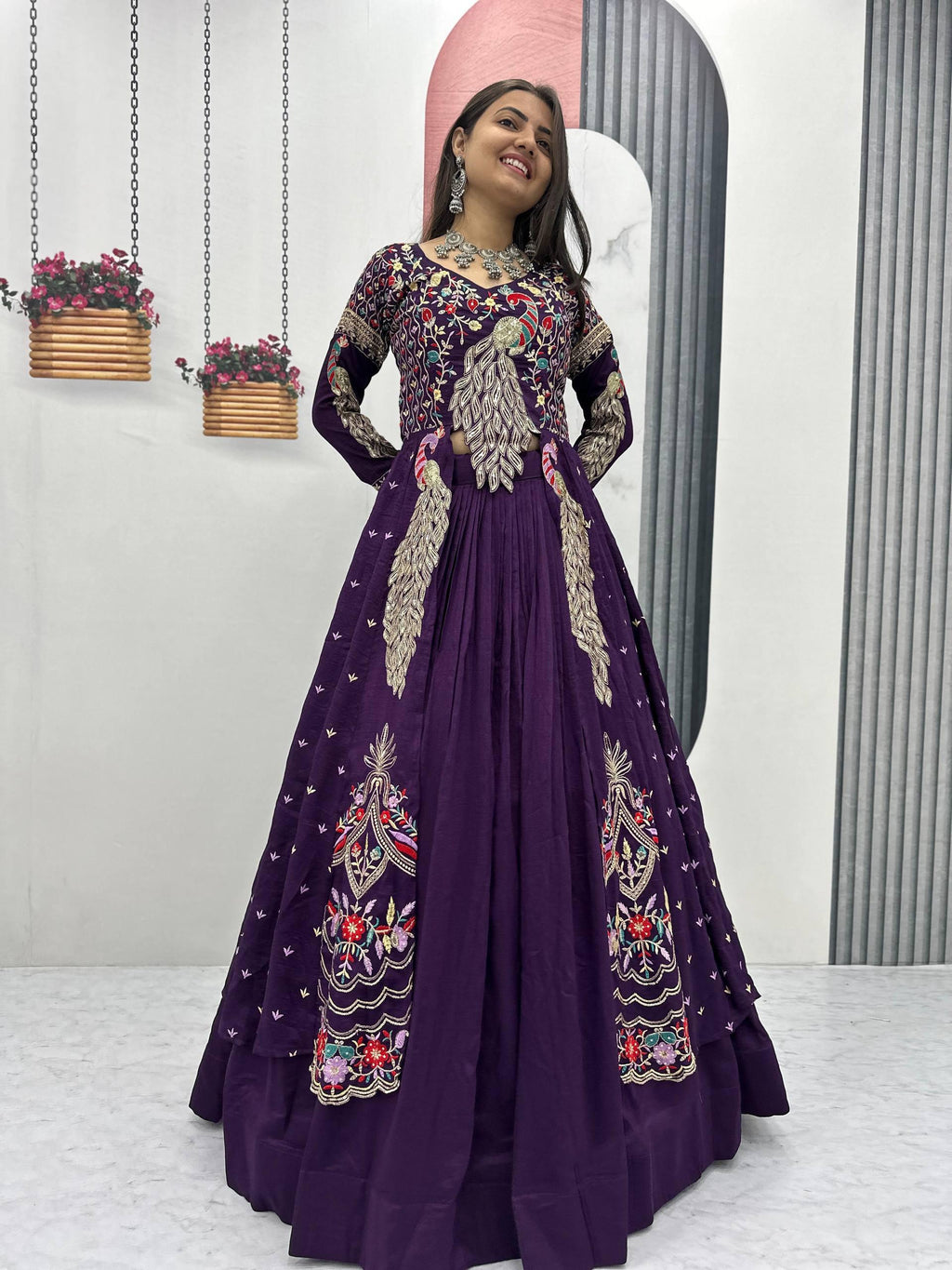 Yash Enterprise Purple Vichitra Silk Party Wear Embroidery Crop Top With Blouse Lehenga Choli