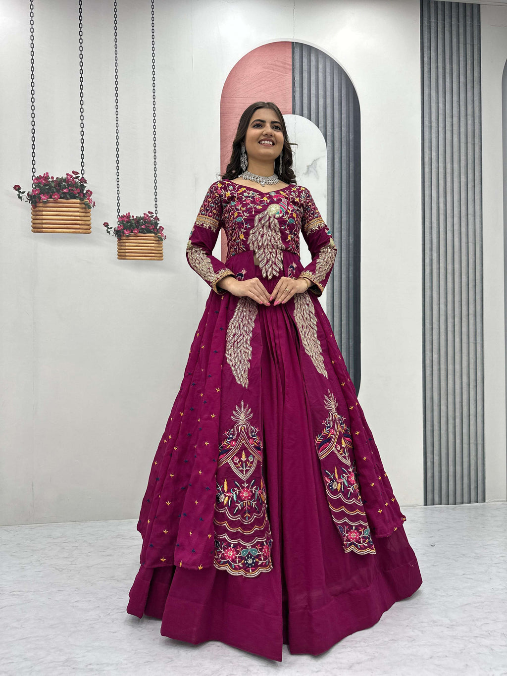 Yash Enterprise Pink Vichitra Silk Party Wear Embroidery Crop Top With Blouse Lehenga Choli