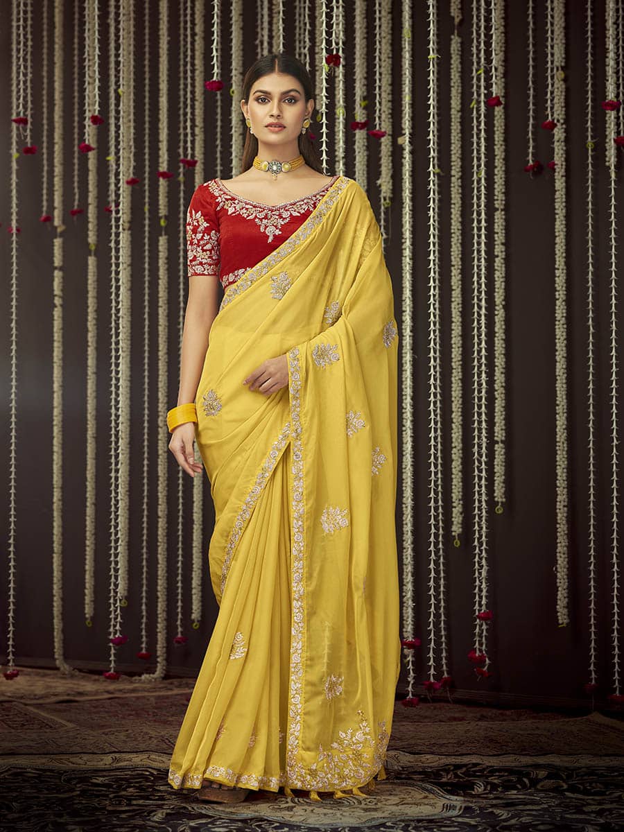 Myra Mustard Art Silk Heavy Embroidered Designer Saree