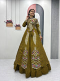 Yash Enterprise Mahendi Green Vichitra Silk Party Wear Embroidery Crop Top With Blouse Lehenga Choli