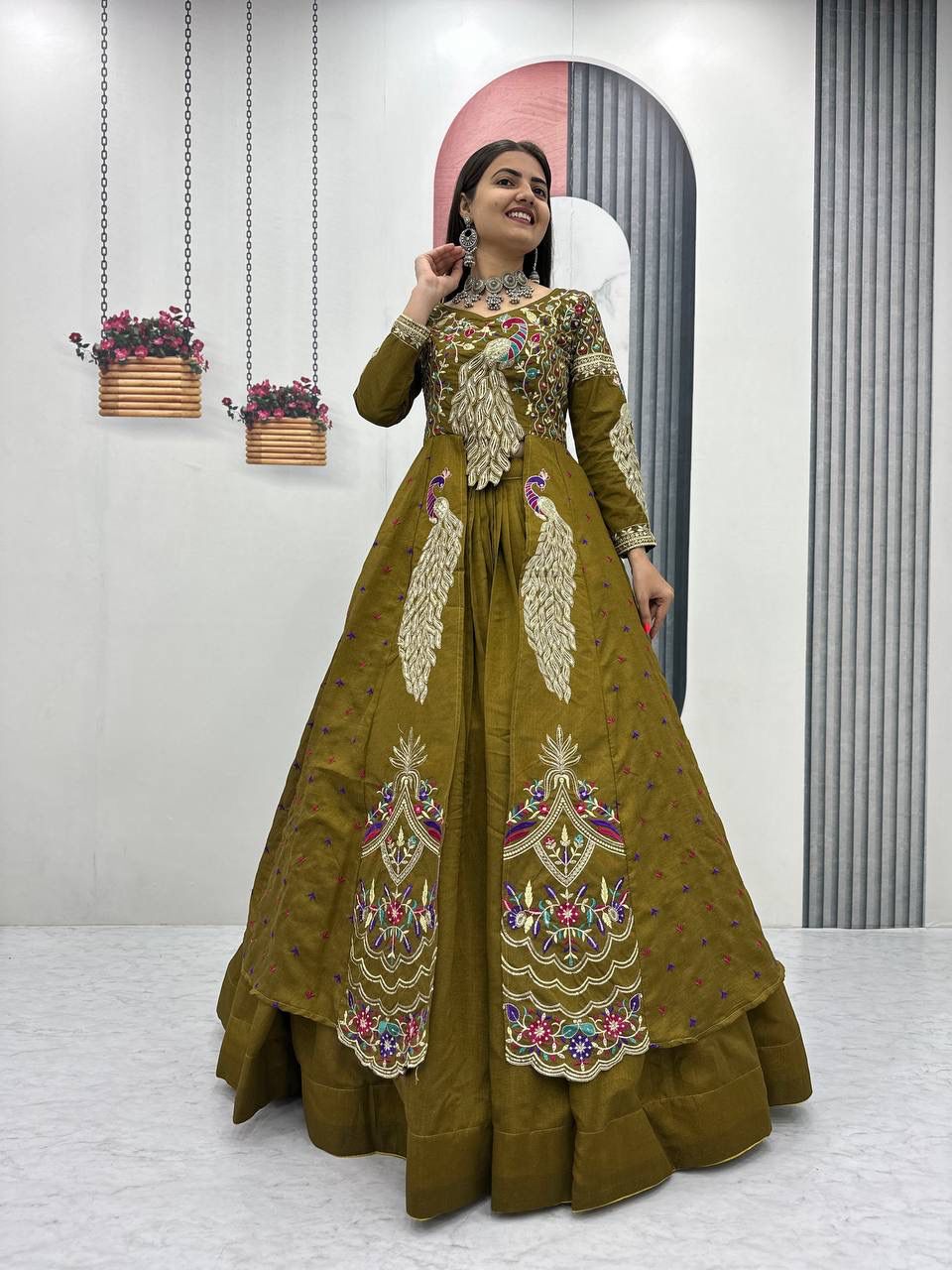 Yash Enterprise Mahendi Green Vichitra Silk Party Wear Embroidery Crop Top With Blouse Lehenga Choli
