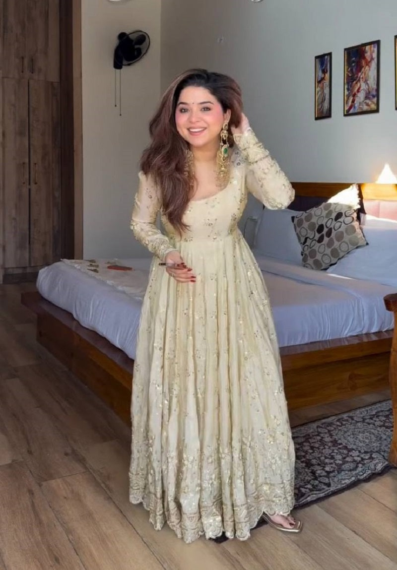 Yash Enterprise Cream Vichitra Silk Party Wear Embroidery Suit Set