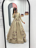 Yash Enterprise Cream Vichitra Silk Party Wear Embroidery Crop Top With Blouse Lehenga Choli