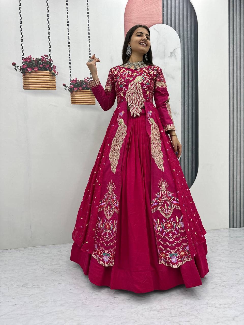 Yash Enterprise Red Vichitra Silk Party Wear Embroidery Crop Top With Blouse Lehenga Choli