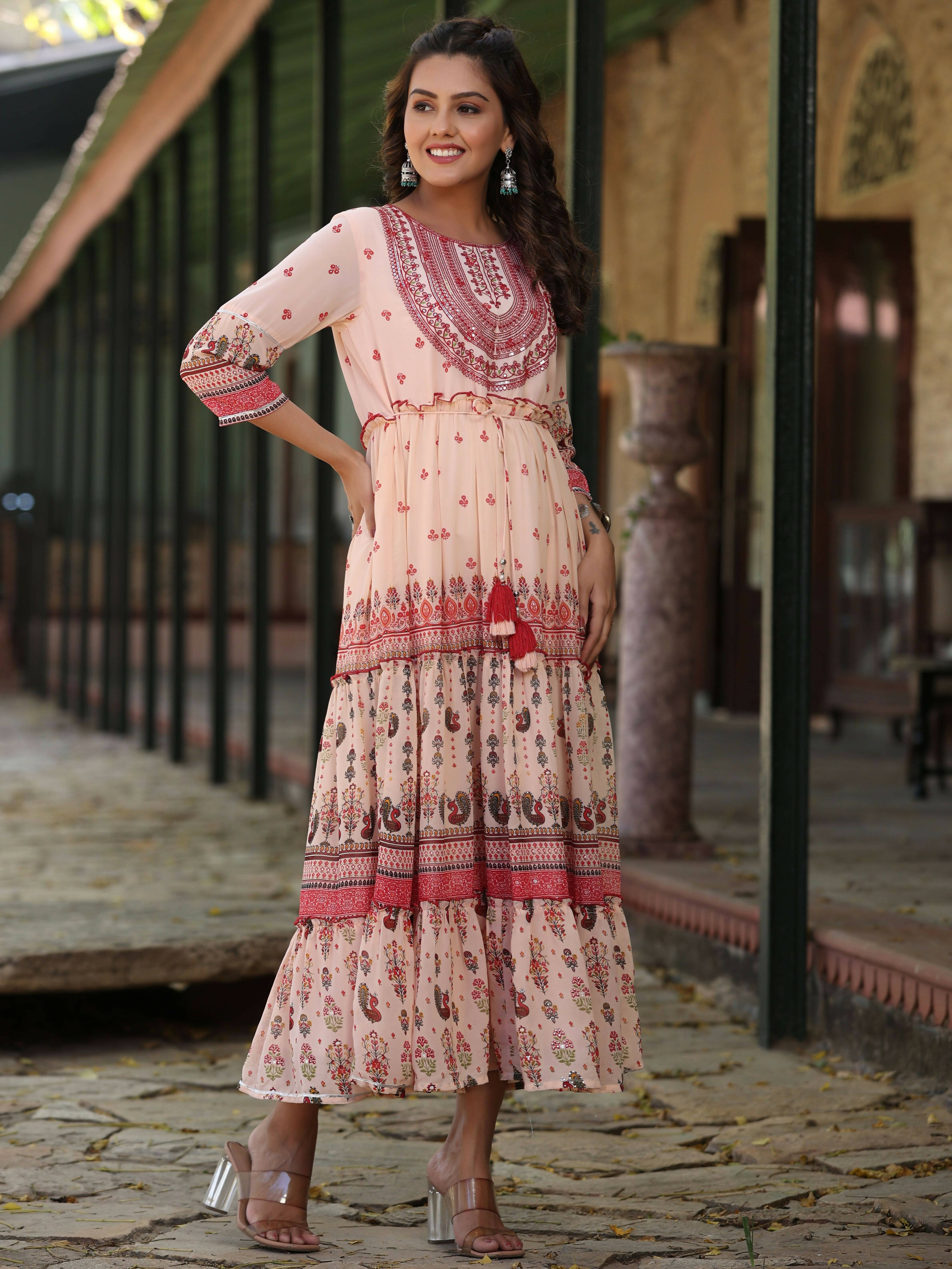 Juniper Women's Peach Georgette Floral Embroderied Maxi Dress
