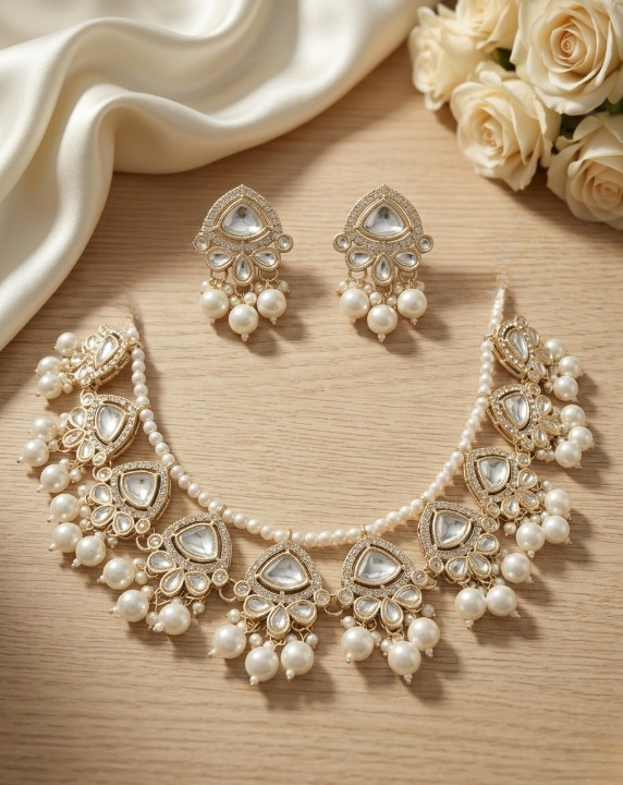 Jewel City Exquisite Kundan Pearl Necklace Set: Gold-Plated Traditional Jewelry for Wedding