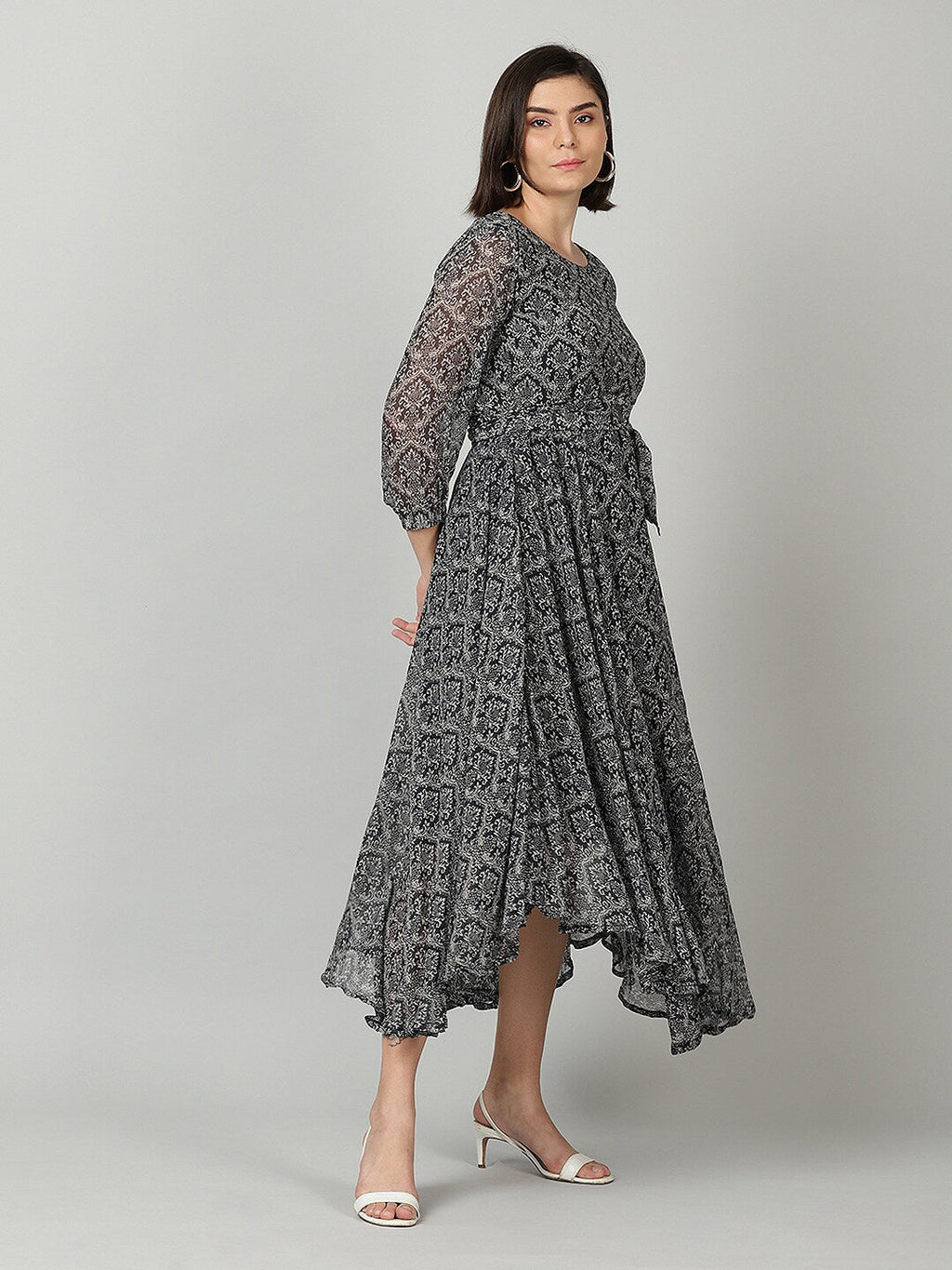 Souchii Women Grey & Black Ethnic Motifs Chiffon A-Line Midi Dress