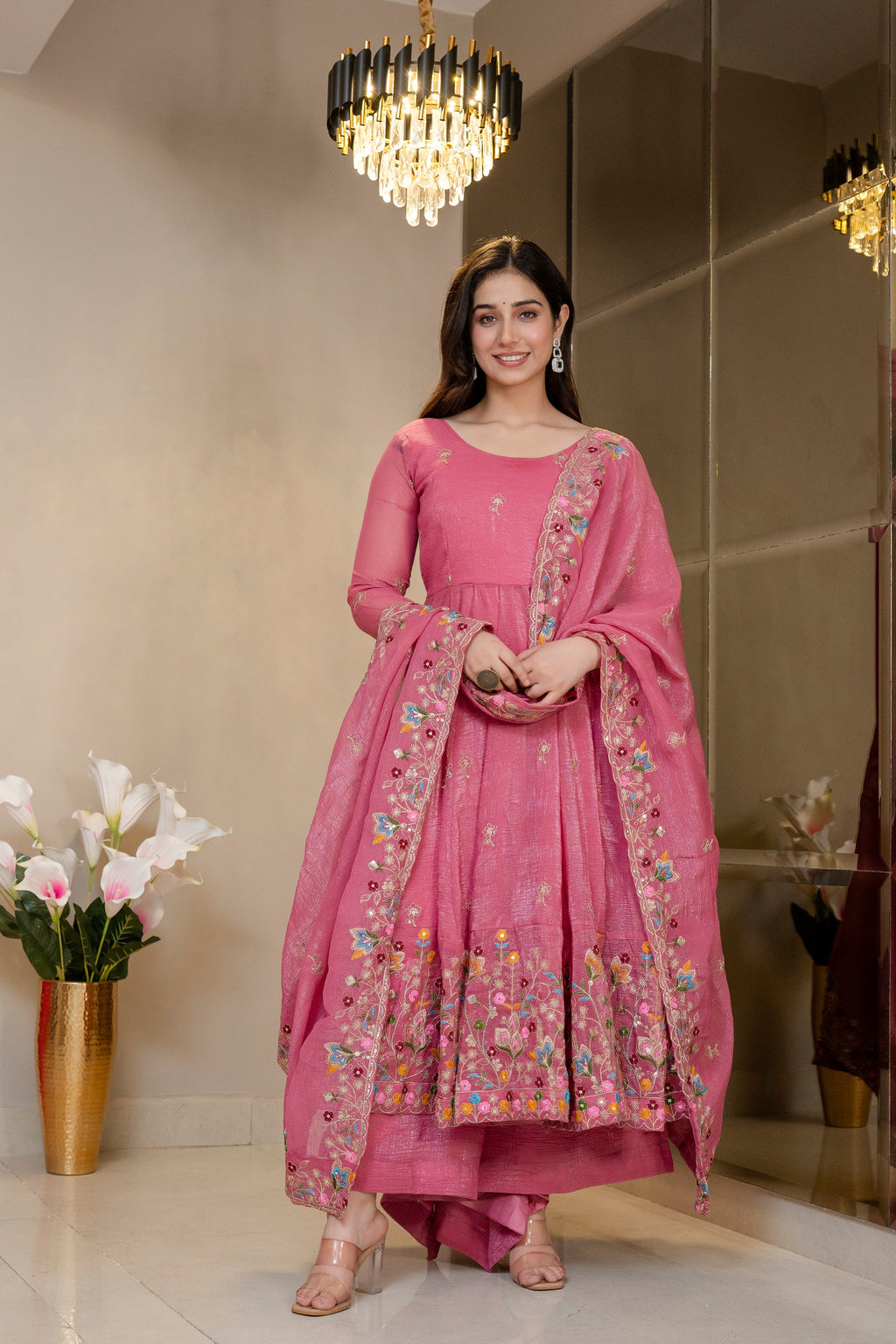 Yash Enterprise Dusty Rose Crunchy Silk Party Wear Embroidery Sharara Suit Set