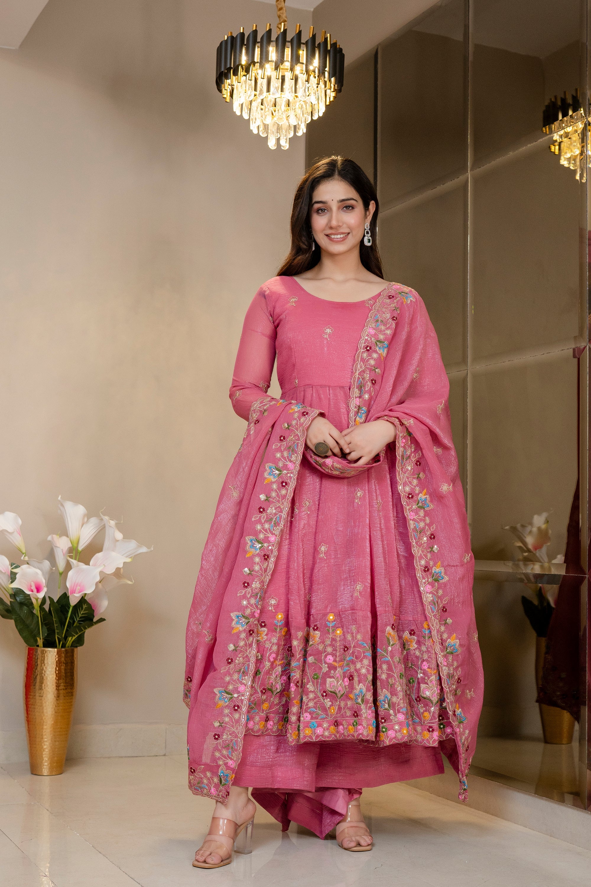 Yash Enterprise Dusty Rose Crunchy Silk Party Wear Embroidery Sharara Suit Set