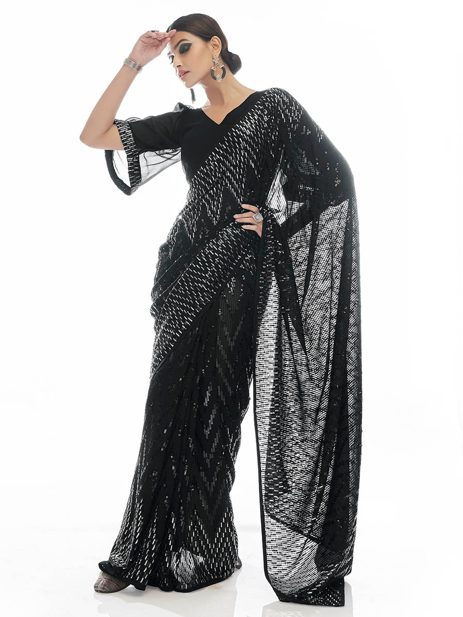 Myra Black Georgette Embroidered Designer Lehenga