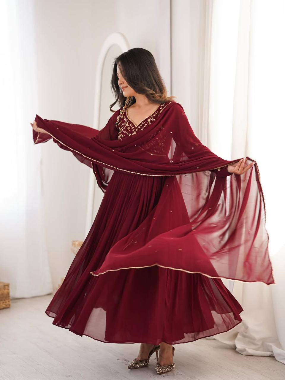 Yash Enterprise Maroon Faux Georgette Party Wear Embroidery Suit Set