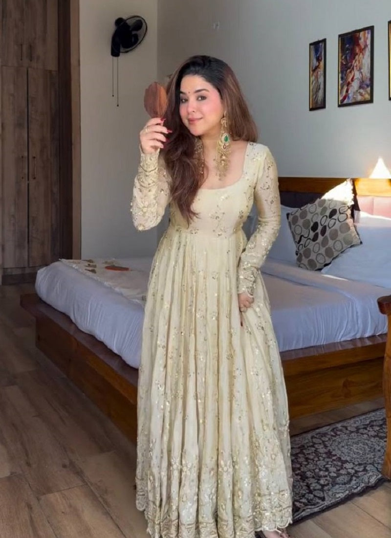Yash Enterprise Cream Vichitra Silk Party Wear Embroidery Suit Set