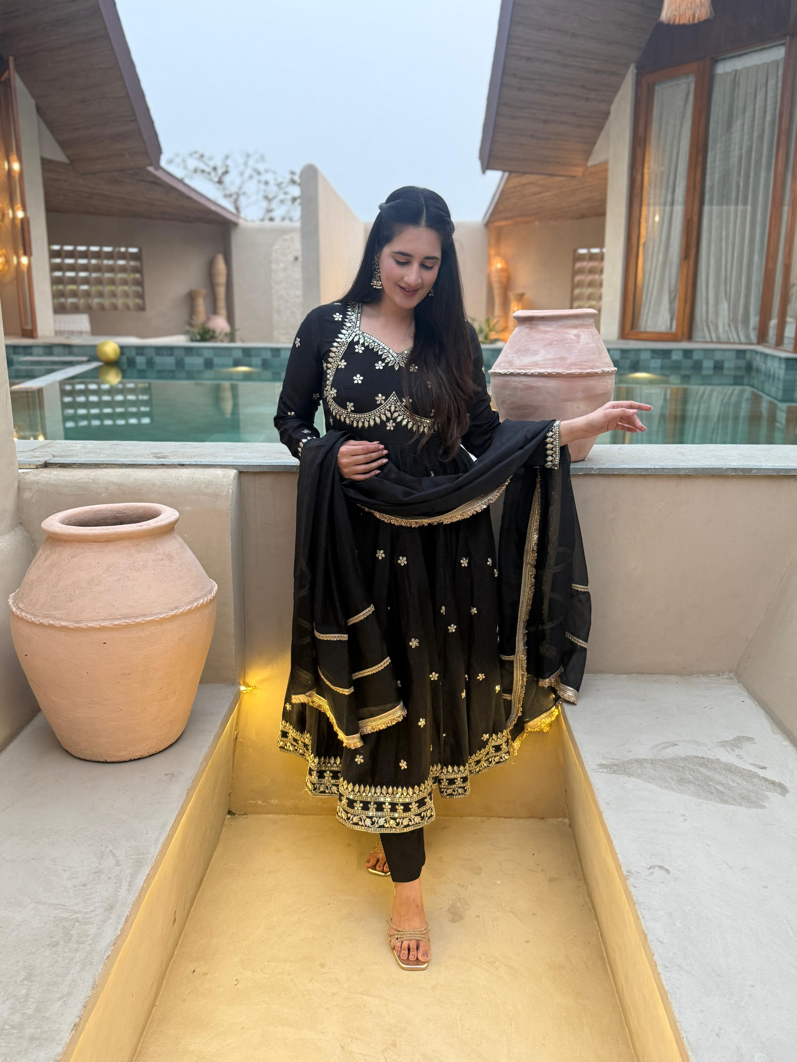 Yash Enterprise Black Vichitra Silk Party Wear Embroidery Suit Set