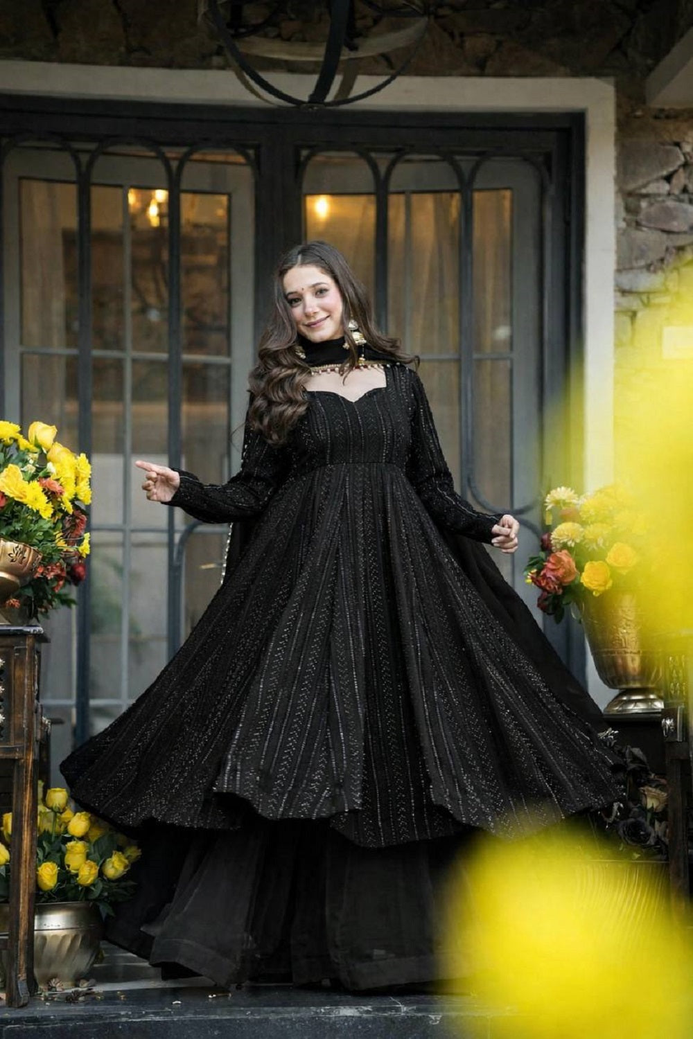 Yash Enterprise Black Faux Blooming Party Wear Embroidered Suit Set