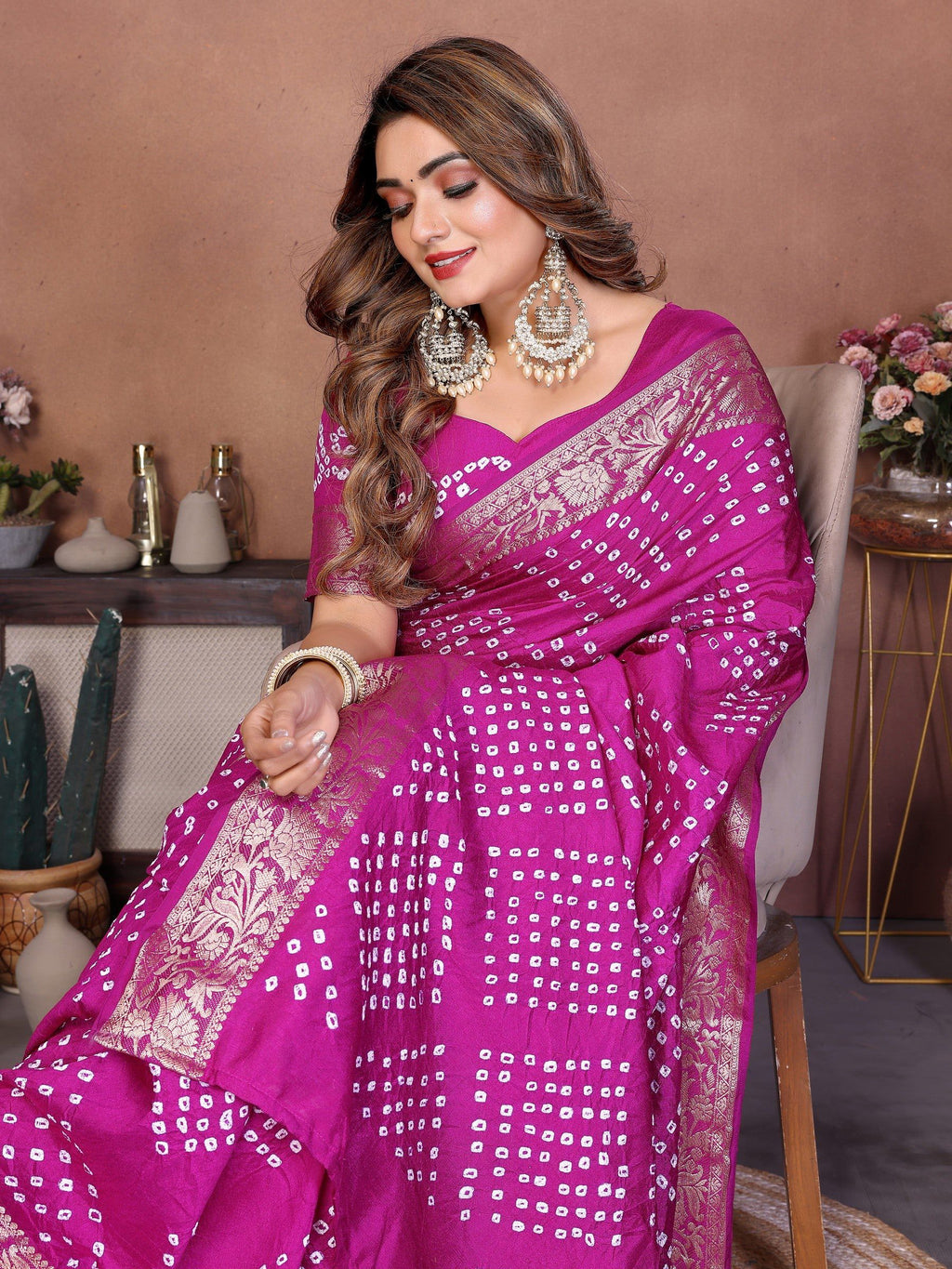 Anaita Purple Handmade Bandhej Viscose Silk Saree With Blouse
