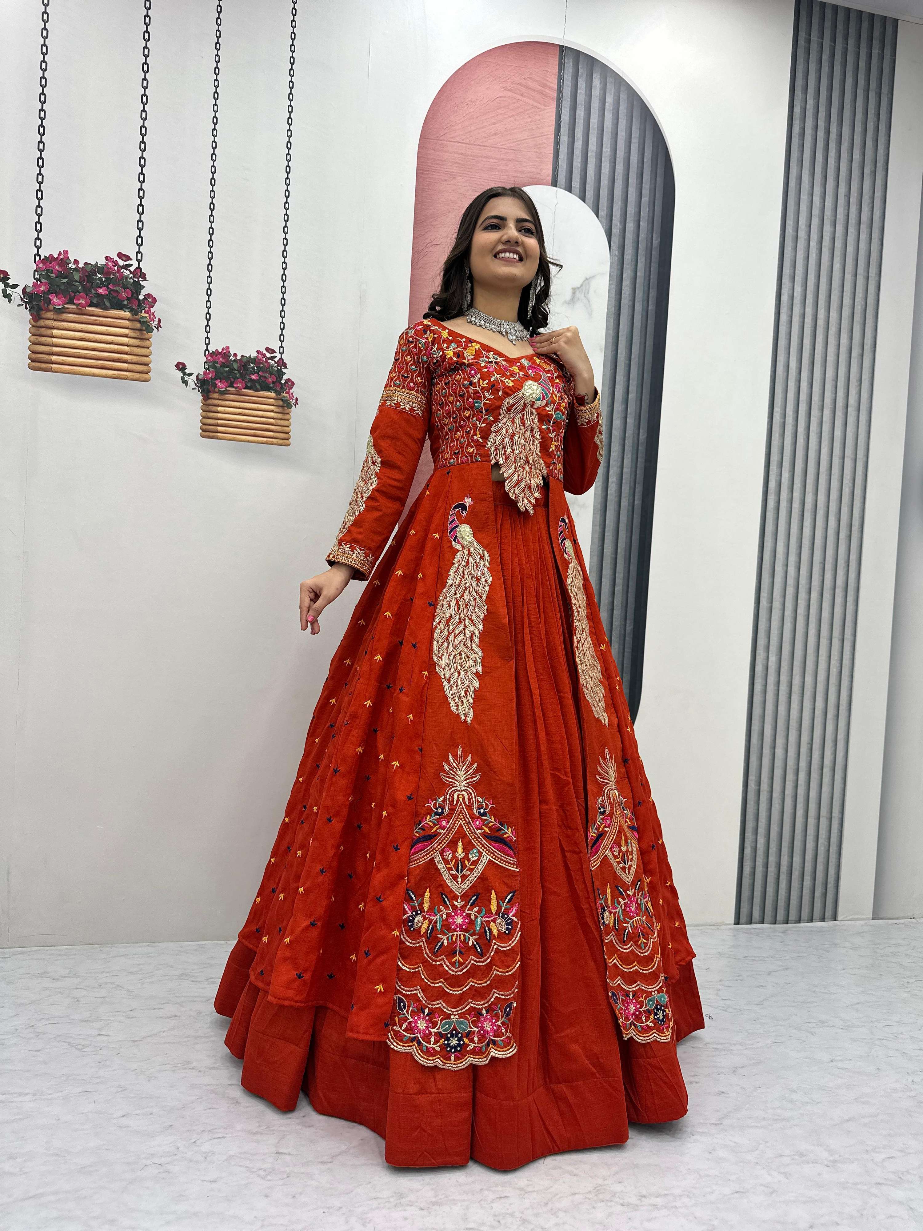 Yash Enterprise Orange Vichitra Silk Party Wear Embroidery Crop Top With Blouse Lehenga Choli