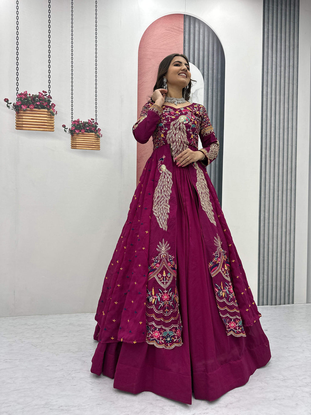 Yash Enterprise Pink Vichitra Silk Party Wear Embroidery Crop Top With Blouse Lehenga Choli