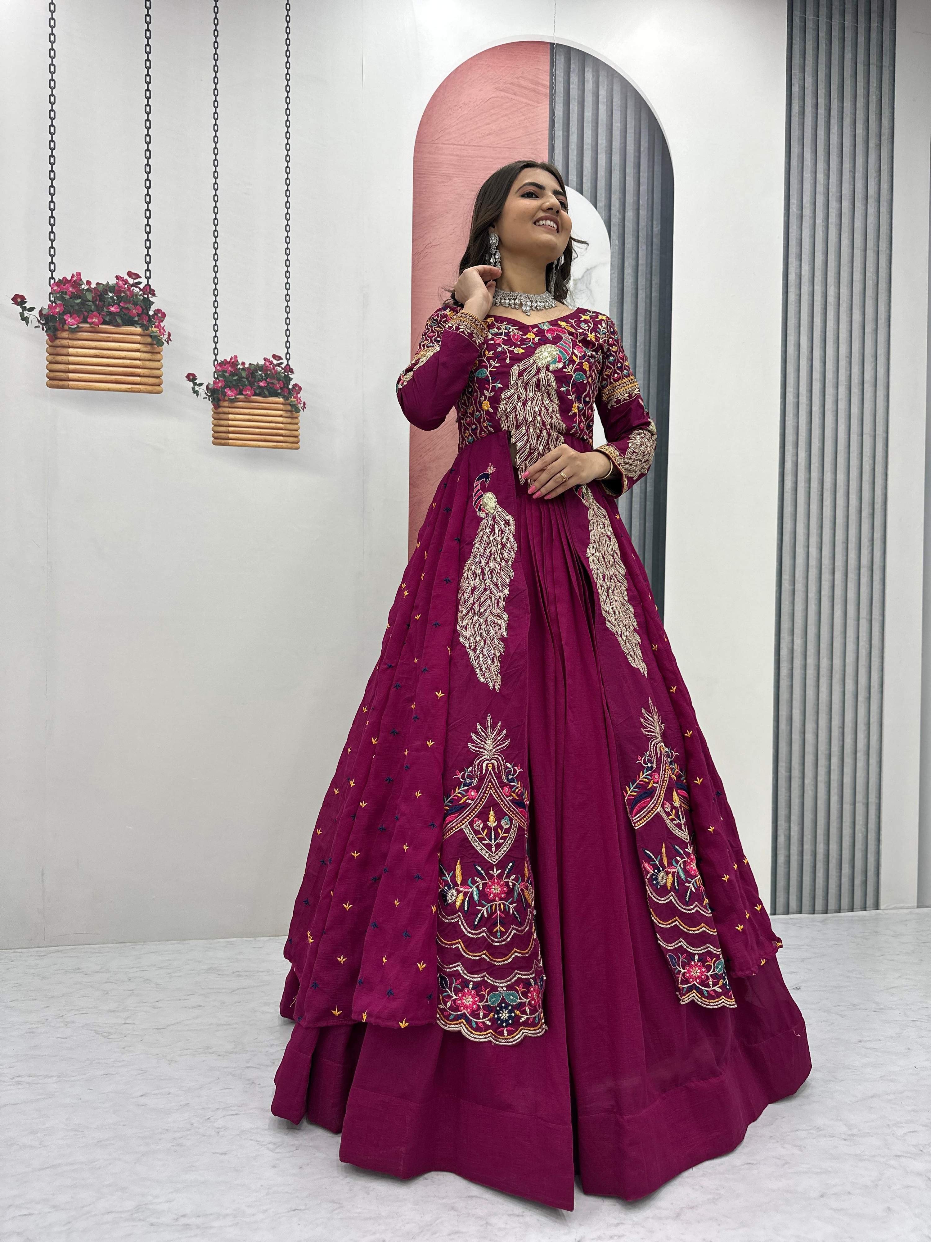 Yash Enterprise Pink Vichitra Silk Party Wear Embroidery Crop Top With Blouse Lehenga Choli