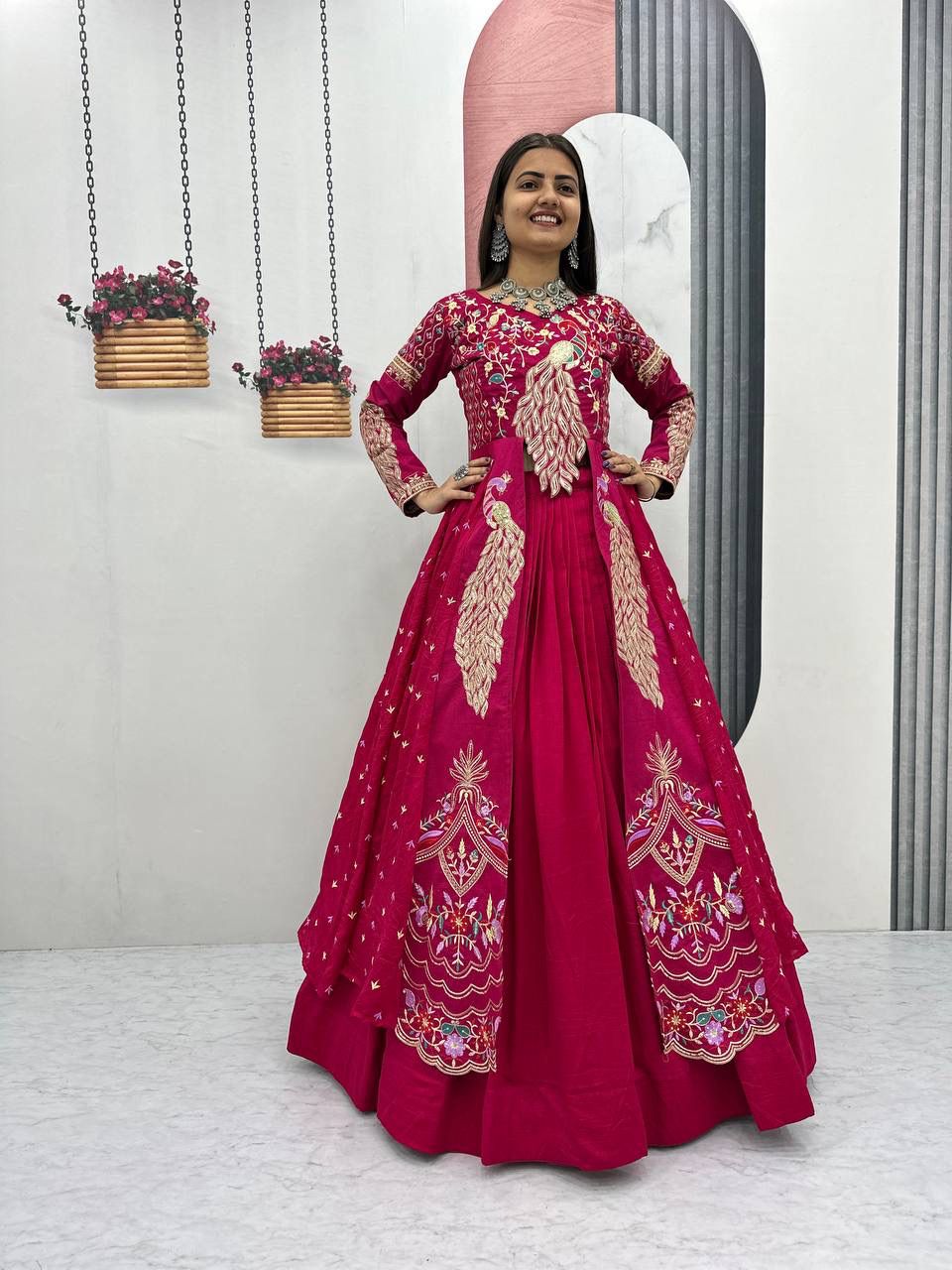 Yash Enterprise Red Vichitra Silk Party Wear Embroidery Crop Top With Blouse Lehenga Choli