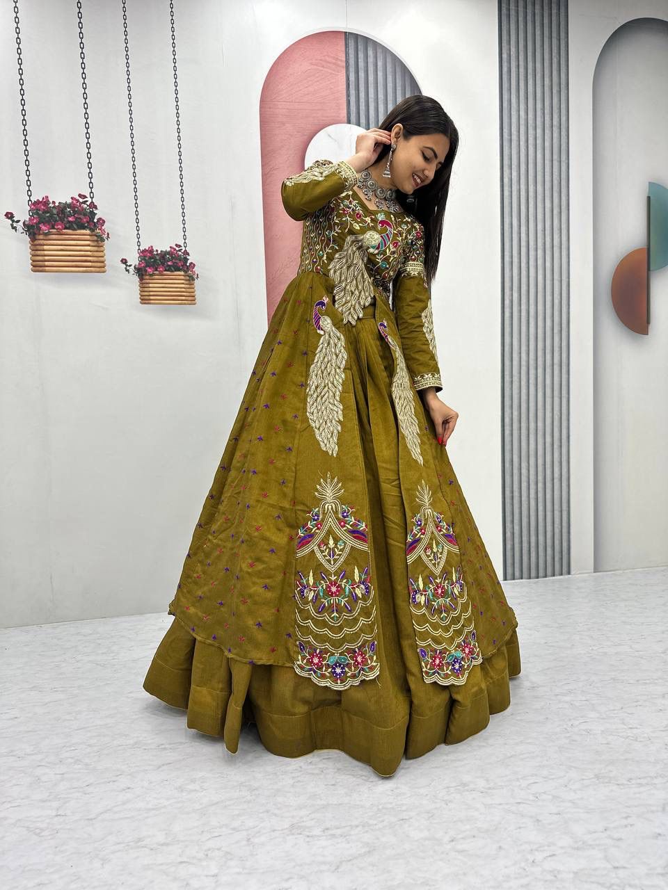 Yash Enterprise Mahendi Green Vichitra Silk Party Wear Embroidery Crop Top With Blouse Lehenga Choli