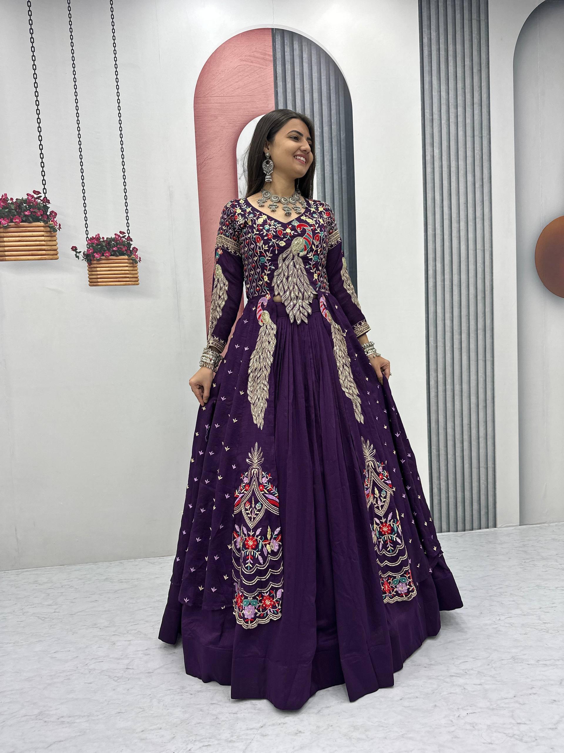 Yash Enterprise Purple Vichitra Silk Party Wear Embroidery Crop Top With Blouse Lehenga Choli