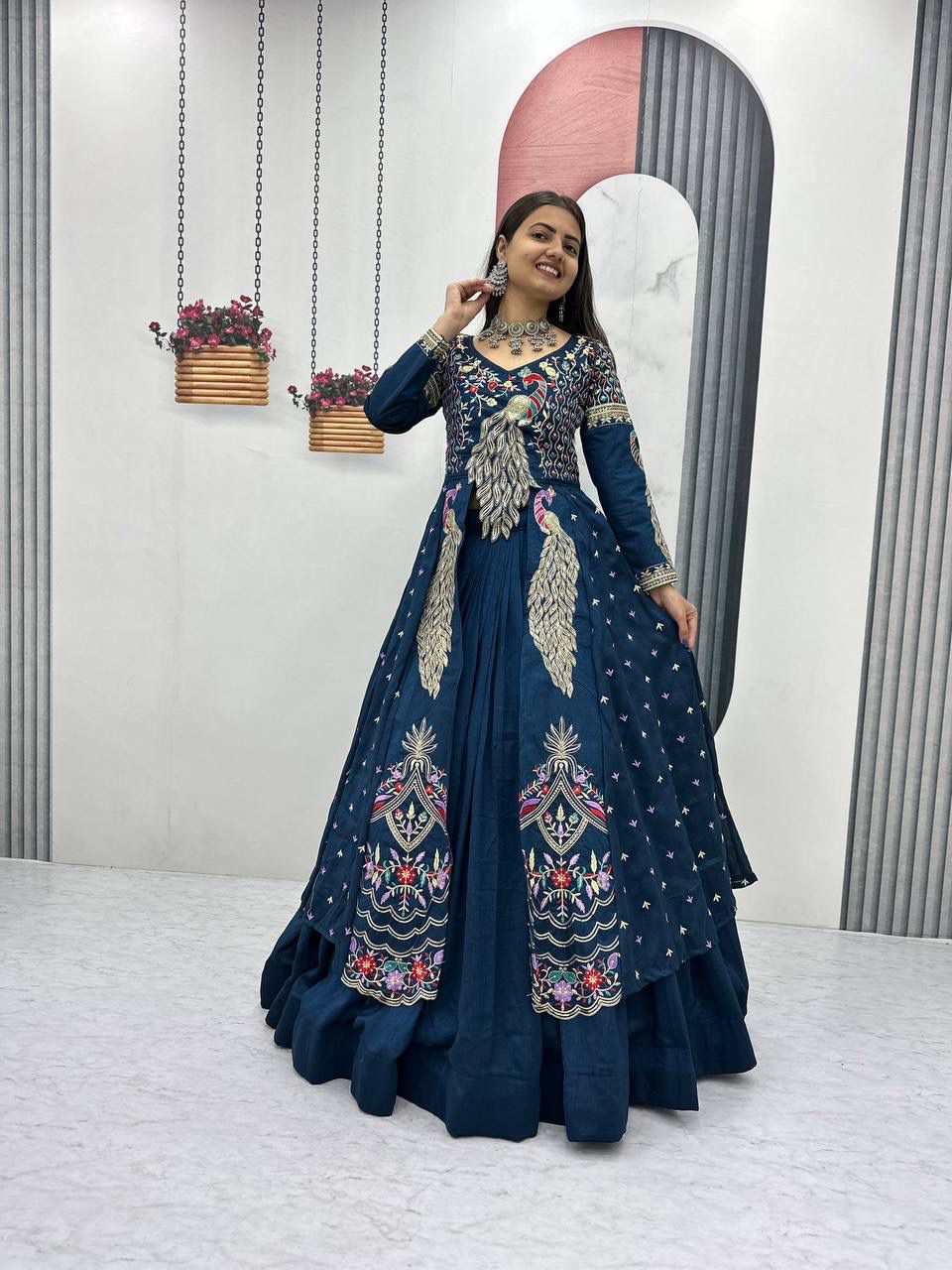 Yash Enterprise Rama Green Vichitra Silk Party Wear Embroidery Crop Top With Blouse Lehenga Choli