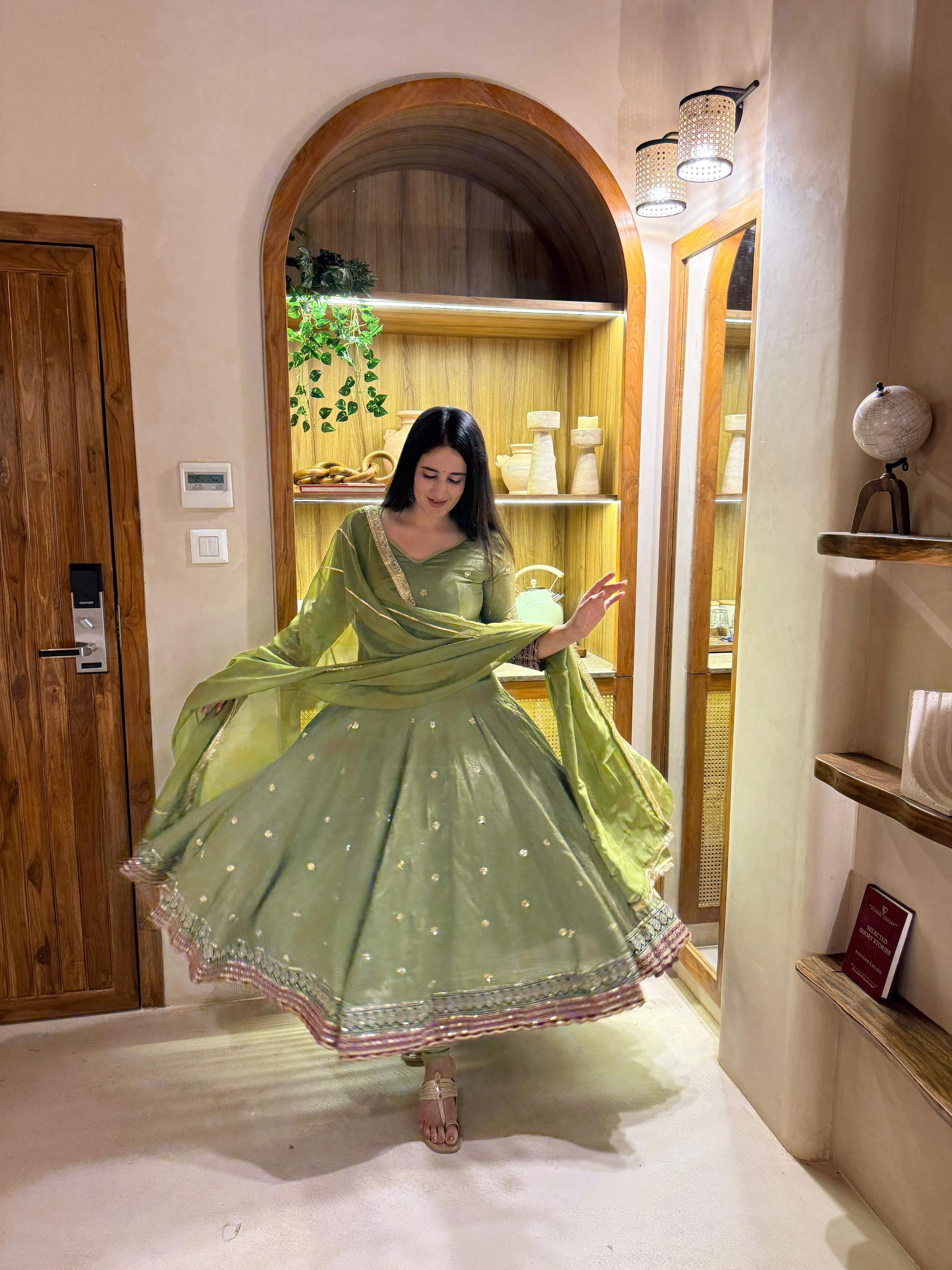 Yash Enterprise Green Vichitra Silk Party Wear Embroidery Suit Set