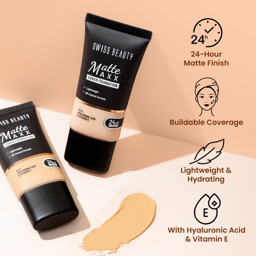 Swiss Beauty Matte Maxx Cover Foundation with Hyaluronic Acid & Vitamin E - 5 Neutral Sand