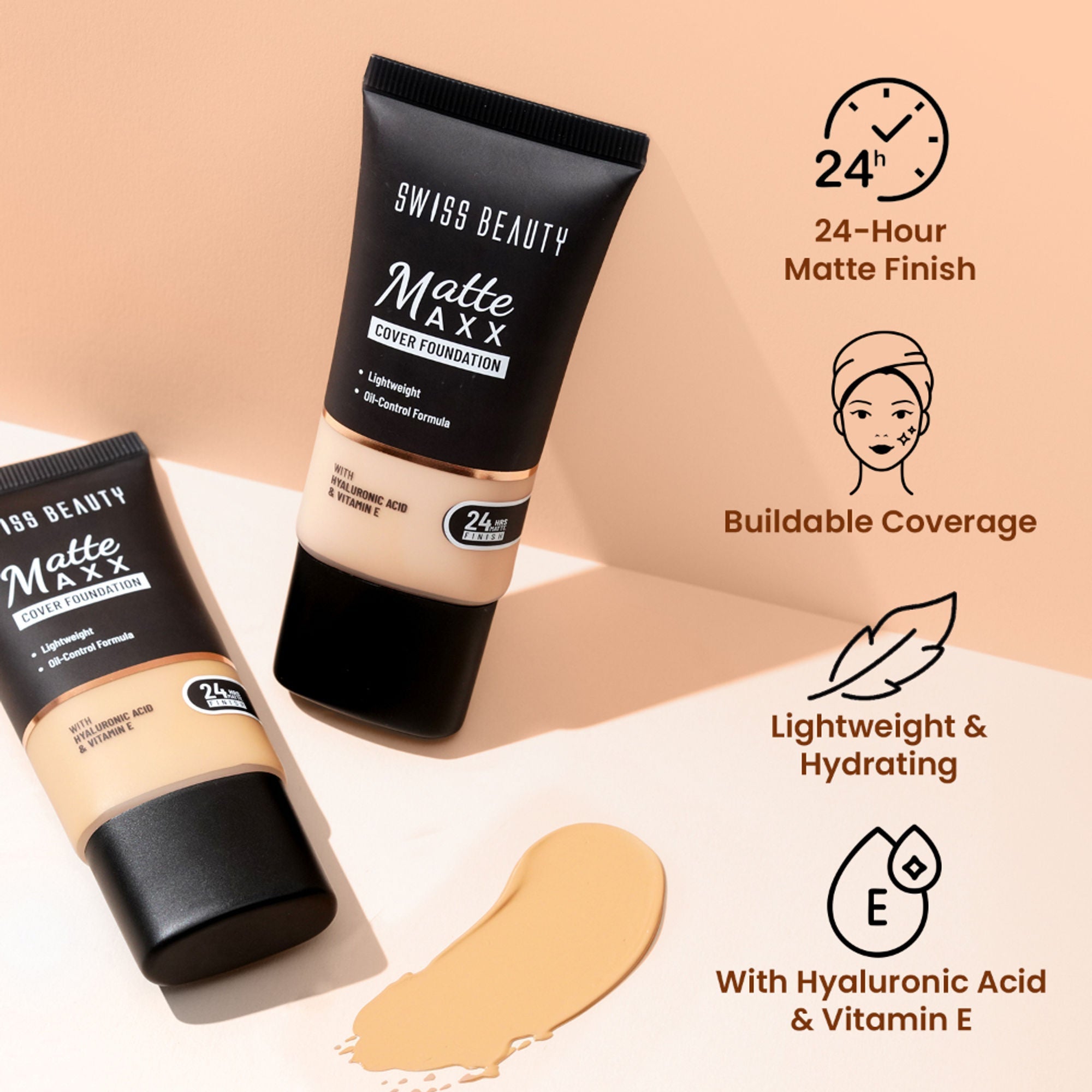 Swiss Beauty Matte Maxx Cover Foundation with Hyaluronic Acid & Vitamin E - 5 Neutral Sand