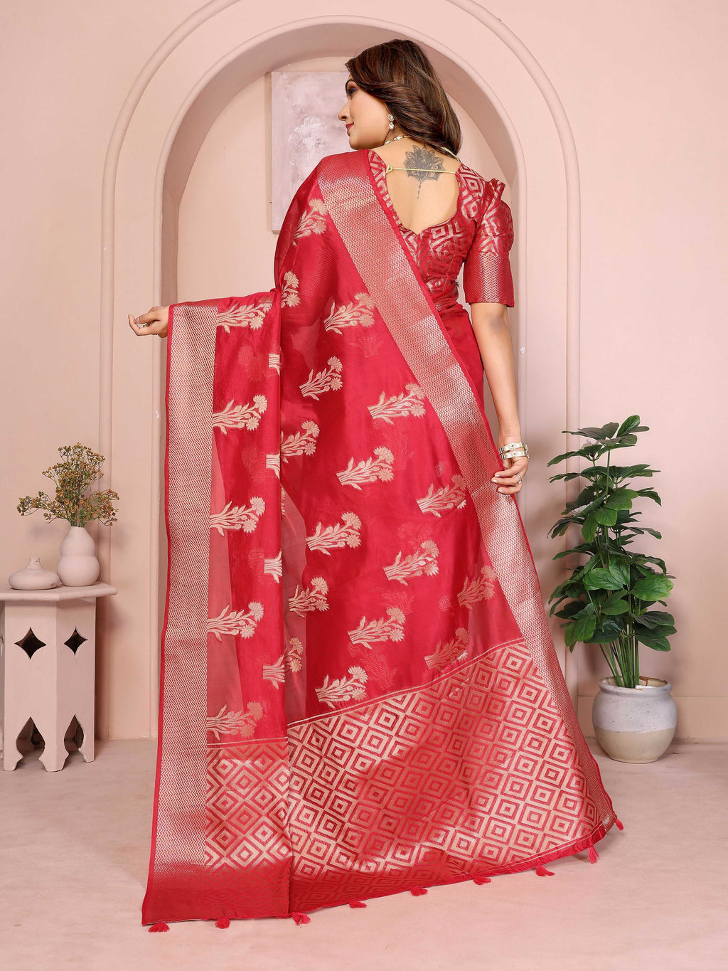 Aastha Fashion Red Soft Organza Silk Weaving Saree