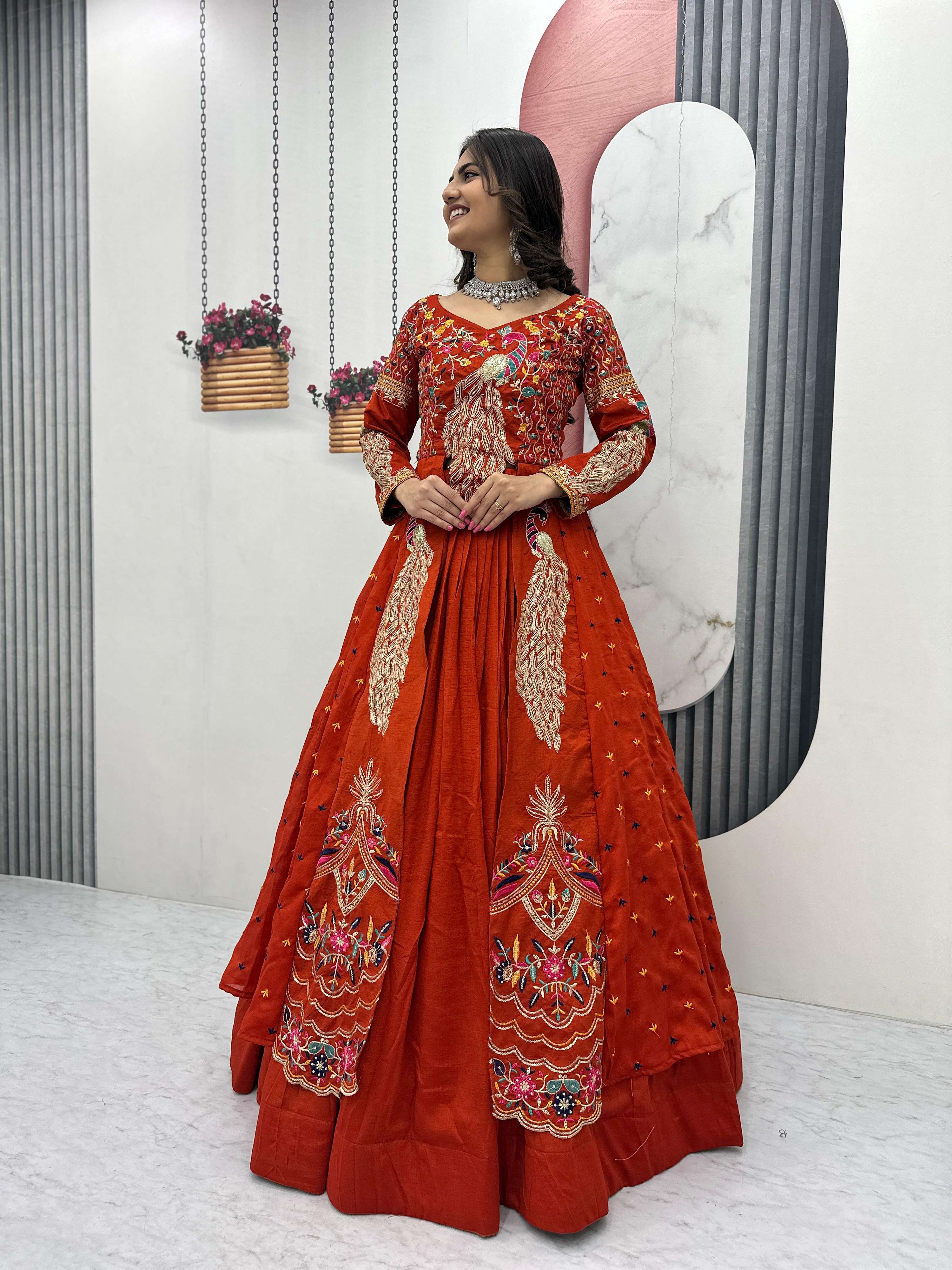 Yash Enterprise Orange Vichitra Silk Party Wear Embroidery Crop Top With Blouse Lehenga Choli