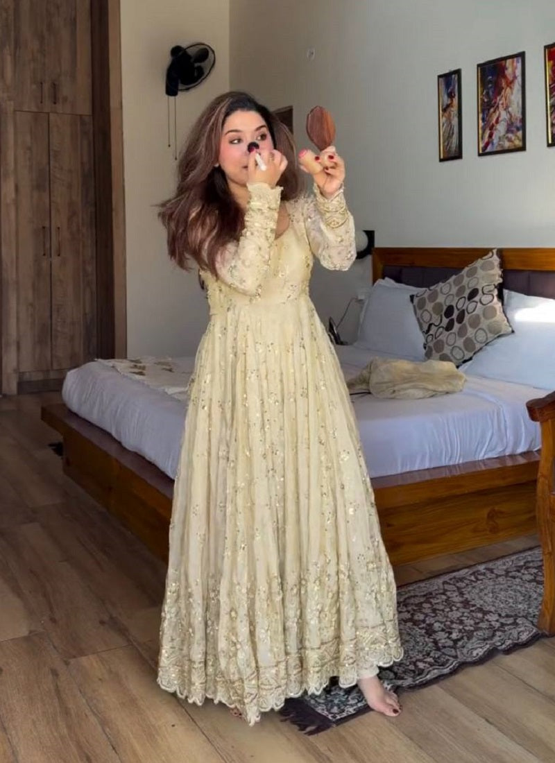 Yash Enterprise Cream Vichitra Silk Party Wear Embroidery Suit Set