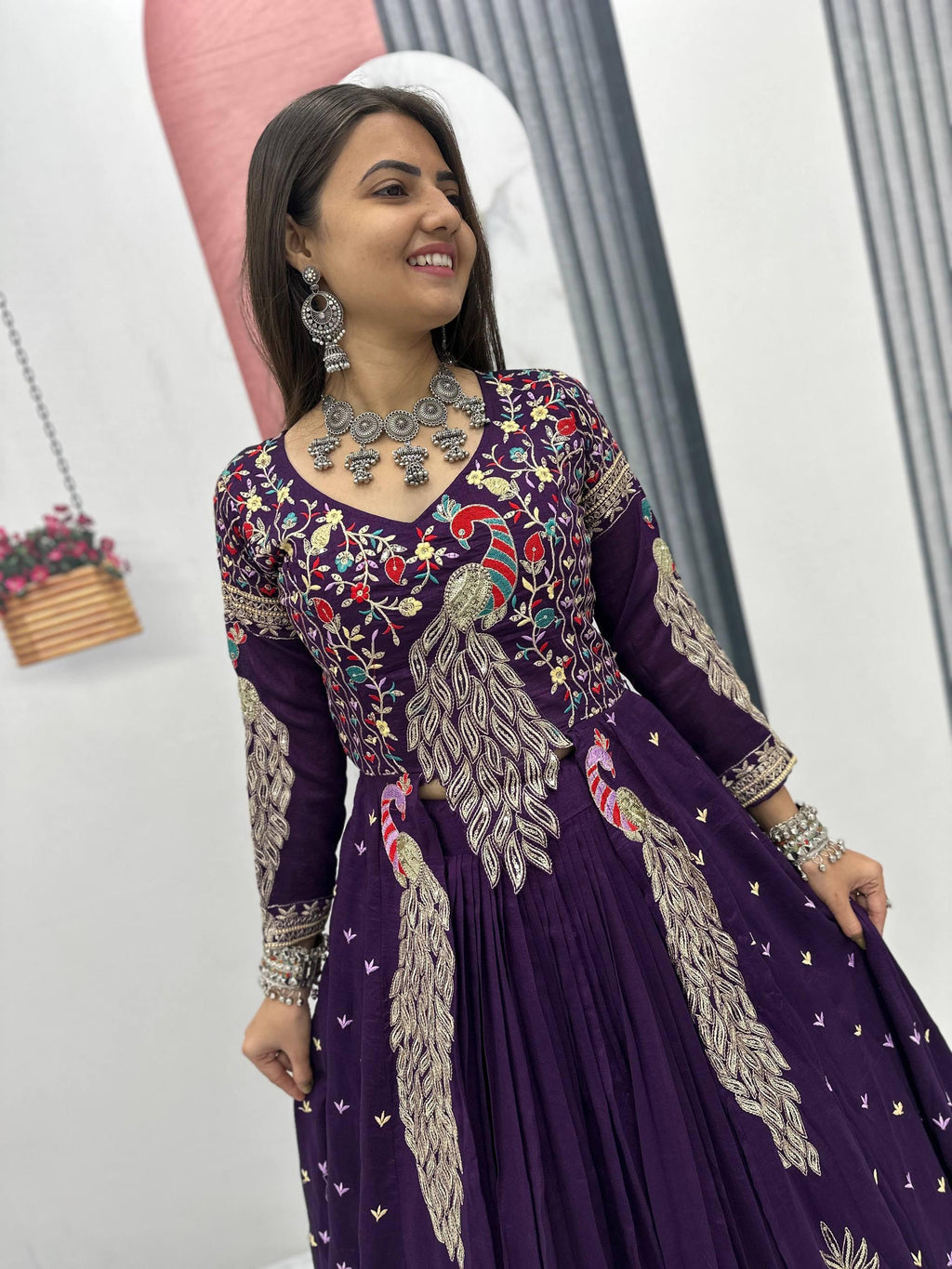 Yash Enterprise Purple Vichitra Silk Party Wear Embroidery Crop Top With Blouse Lehenga Choli