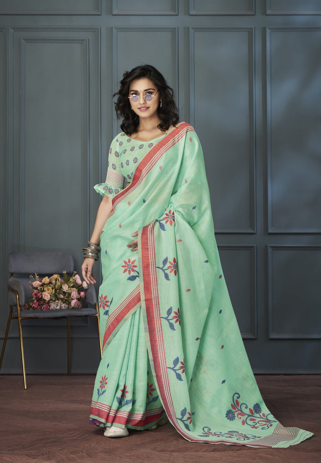 Anaita Light Green Designer Weaving Handloom Linen Saree With Blouse