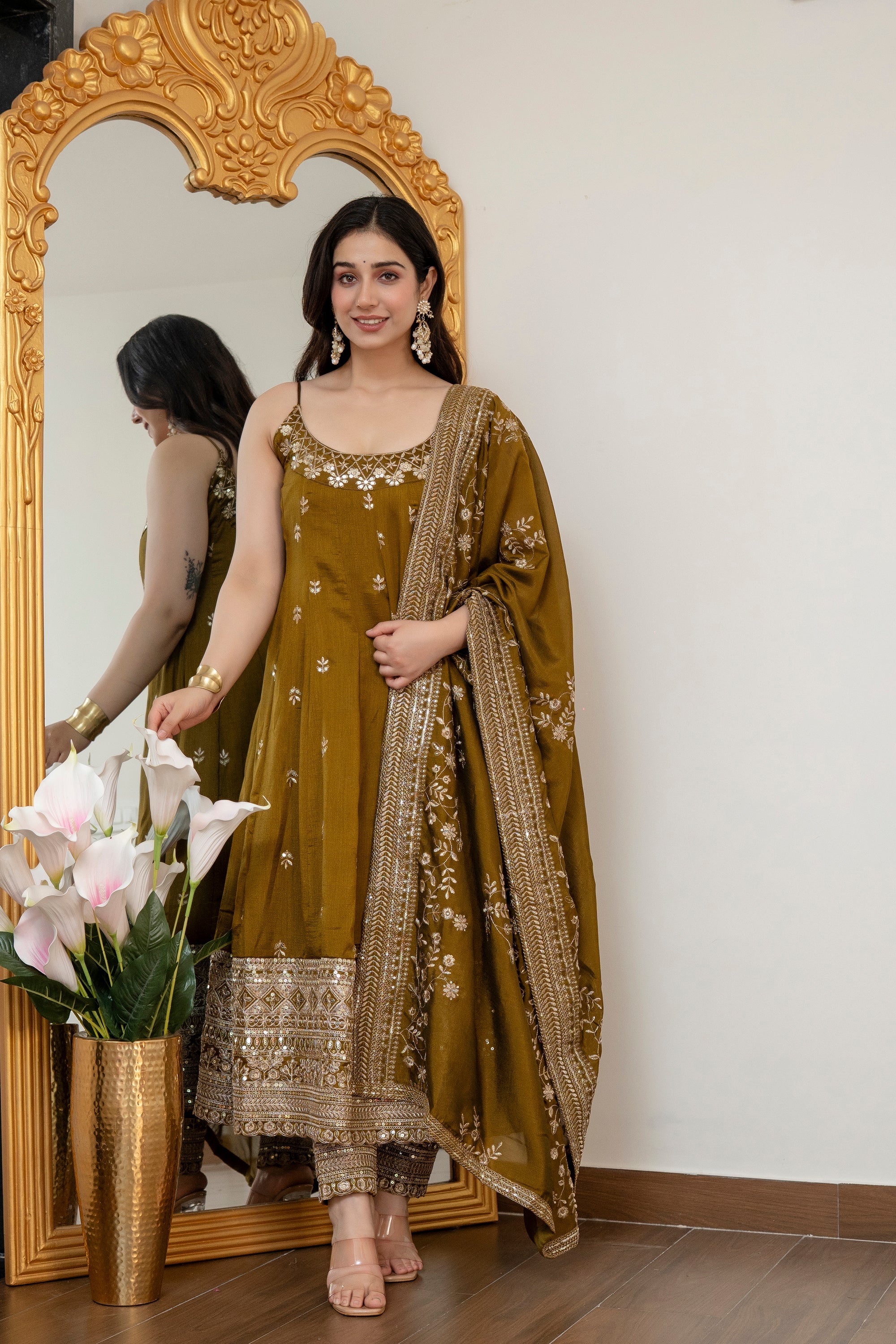 Yash Enterprise Mehndi Vichitra Silk Party Wear Embroidery Suit Set