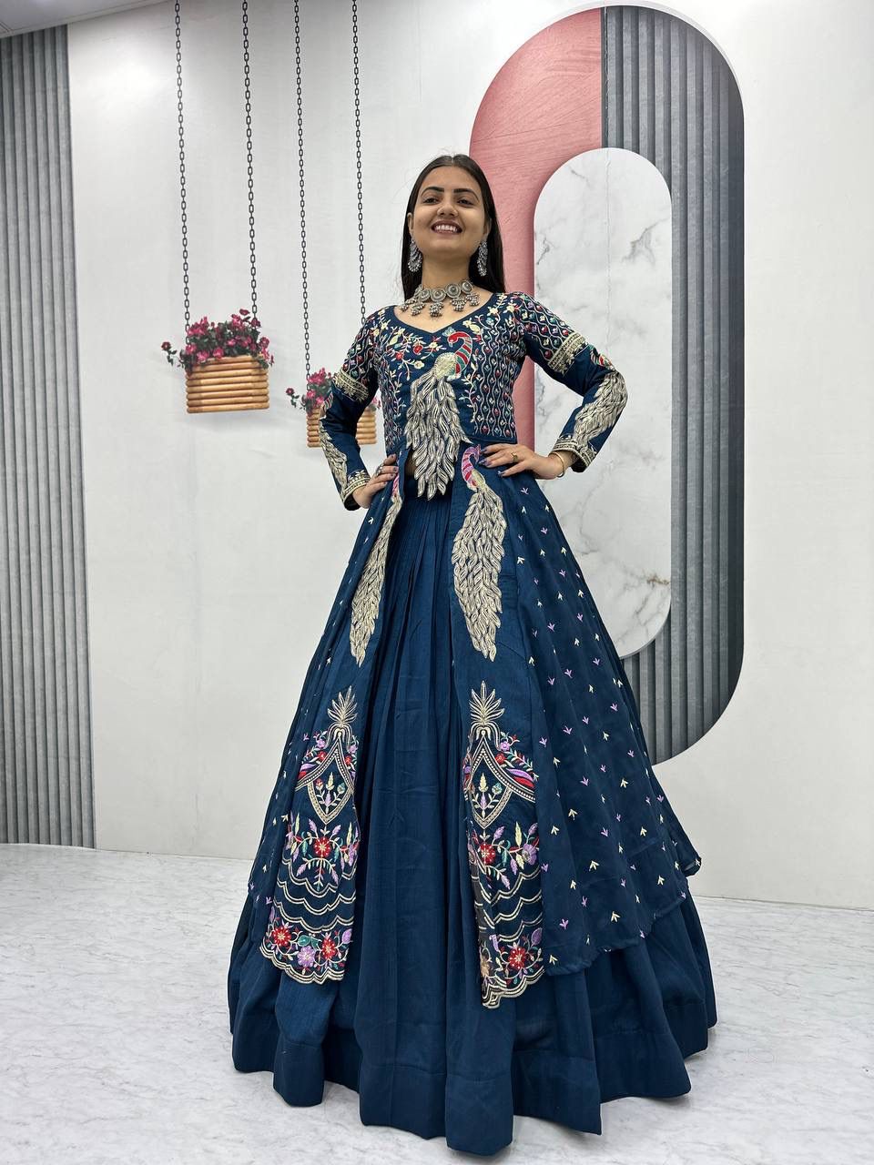 Yash Enterprise Rama Green Vichitra Silk Party Wear Embroidery Crop Top With Blouse Lehenga Choli
