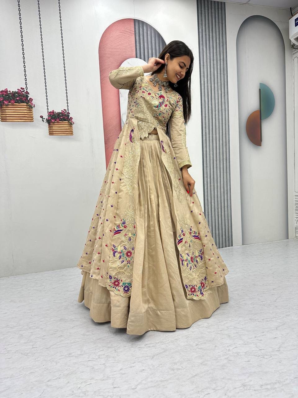 Yash Enterprise Cream Vichitra Silk Party Wear Embroidery Crop Top With Blouse Lehenga Choli