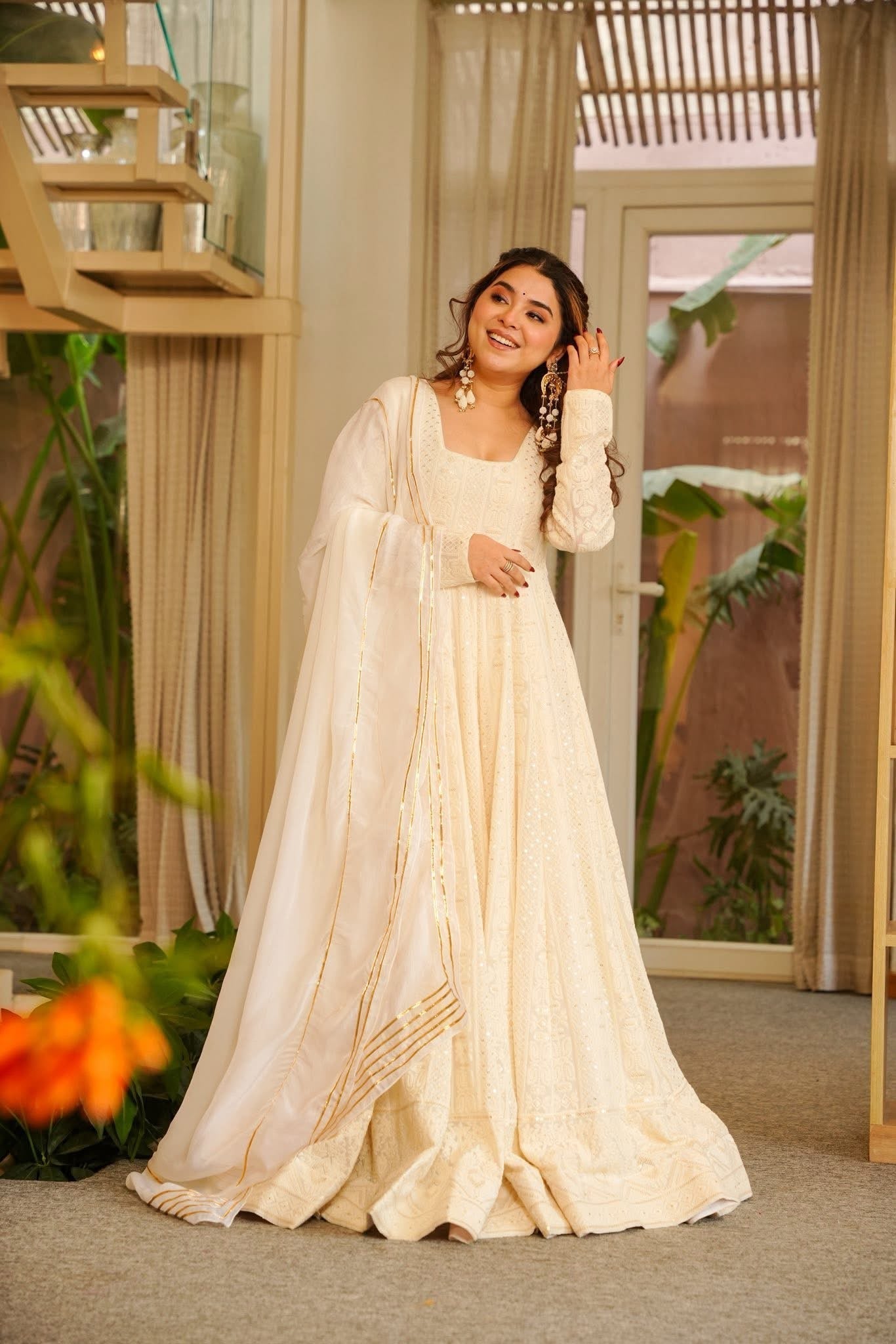 Yash Enterprise Cream Georgette Party Wear Embroidery Suit Set