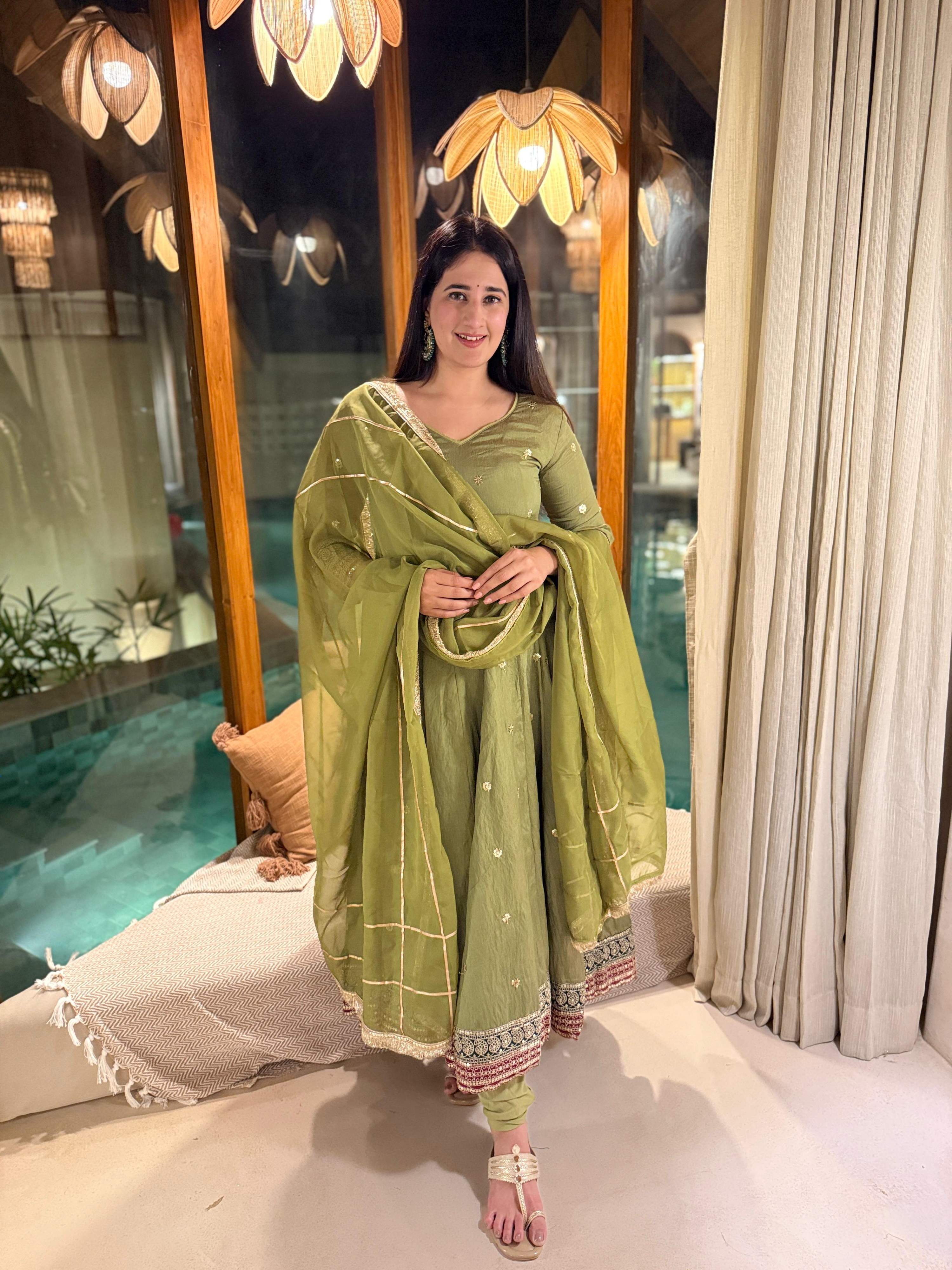 Yash Enterprise Green Vichitra Silk Party Wear Embroidery Suit Set