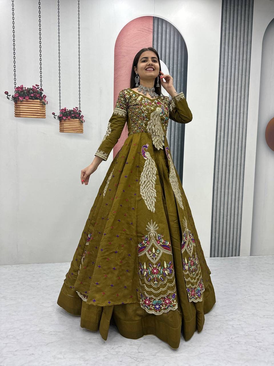 Yash Enterprise Mahendi Green Vichitra Silk Party Wear Embroidery Crop Top With Blouse Lehenga Choli