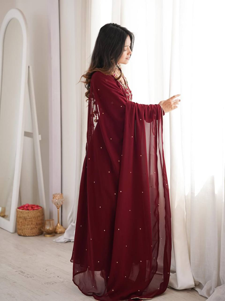 Yash Enterprise Maroon Faux Georgette Party Wear Embroidery Suit Set