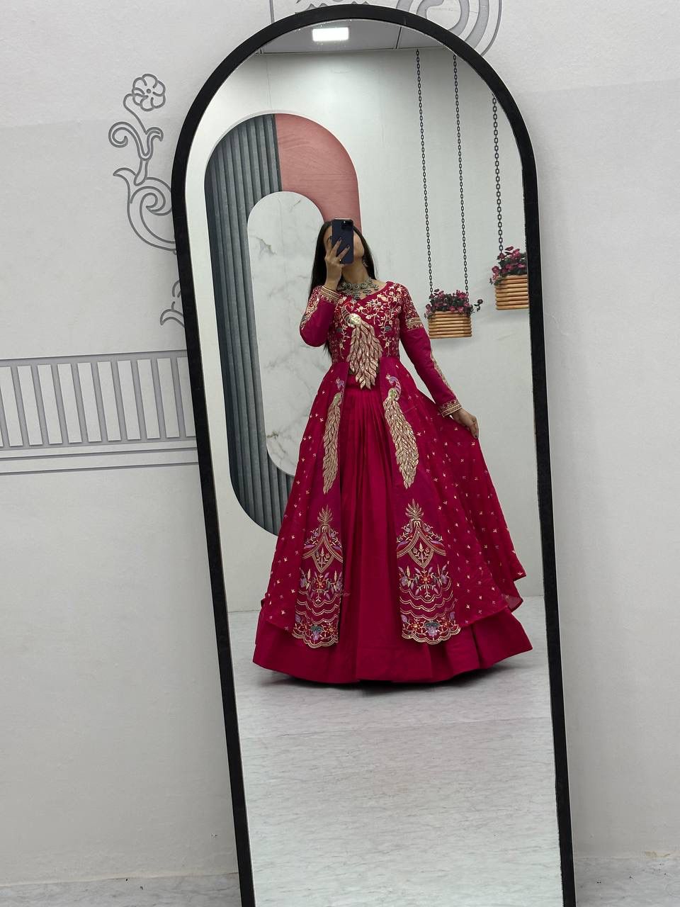Yash Enterprise Red Vichitra Silk Party Wear Embroidery Crop Top With Blouse Lehenga Choli