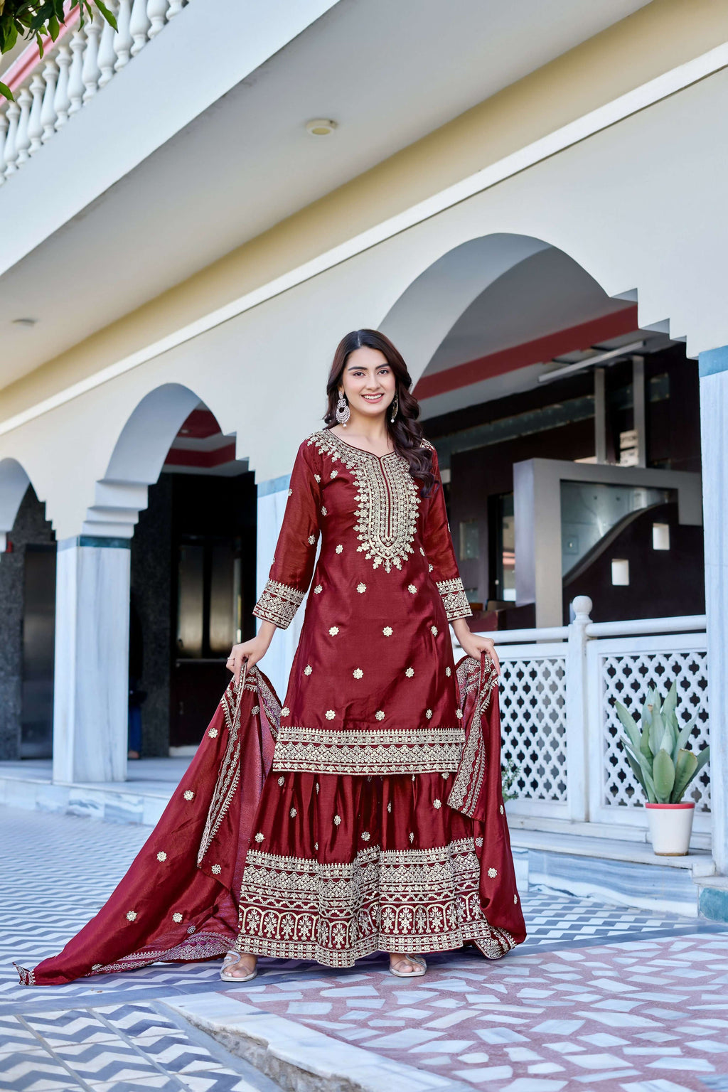 Teeya Creation Maroon Color Chinon Silk Heavy Embroidery Work Wedding Wear Sharara